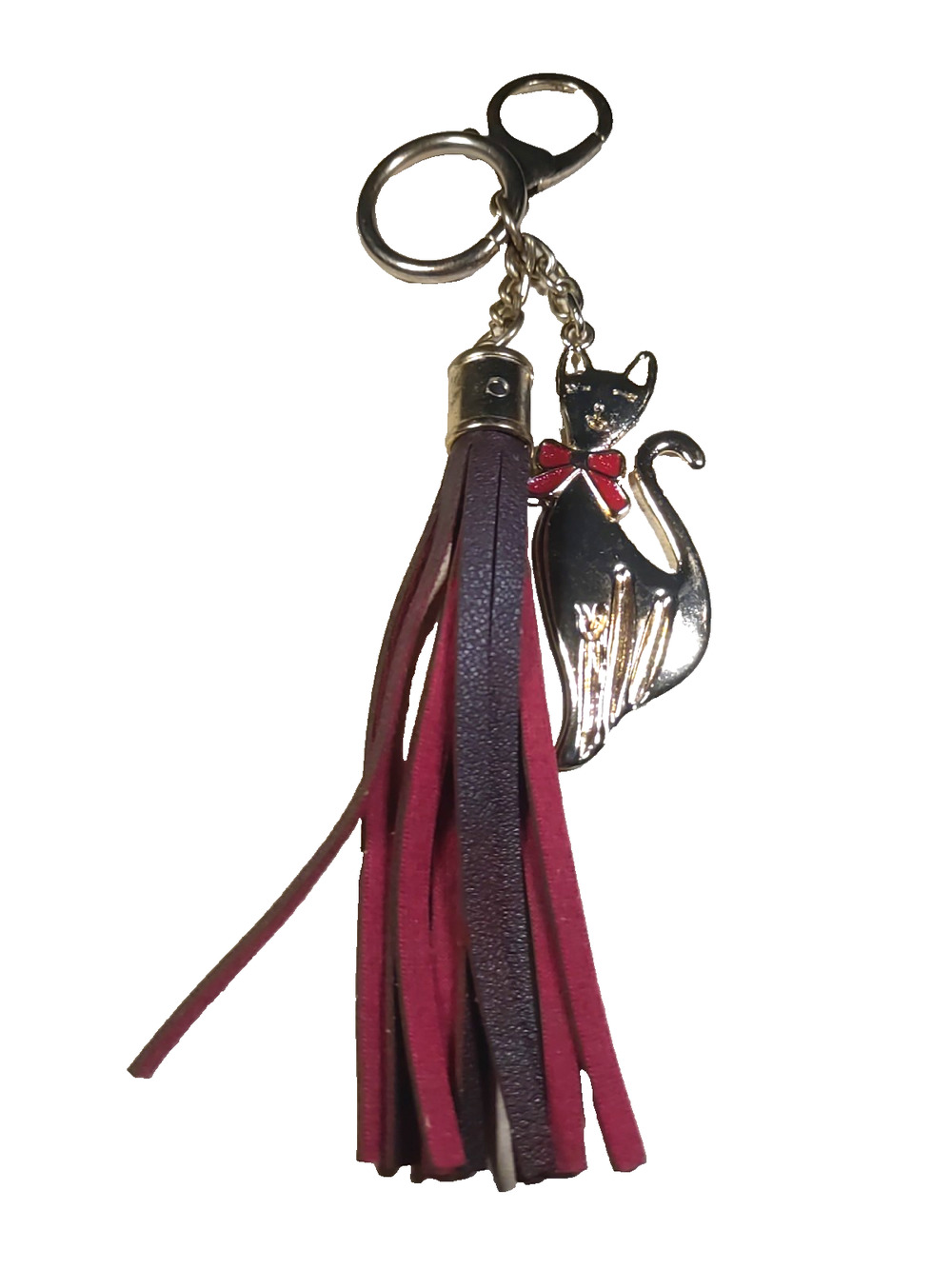 Cat Tassel Keychain Purse Clip Gold Tone Red Brown Leather
